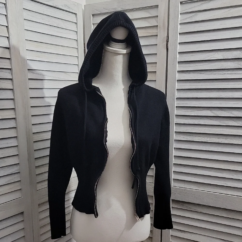 Orange Kiss Black Ribbed Cropped Knit Hoodie Zipper Cardigan